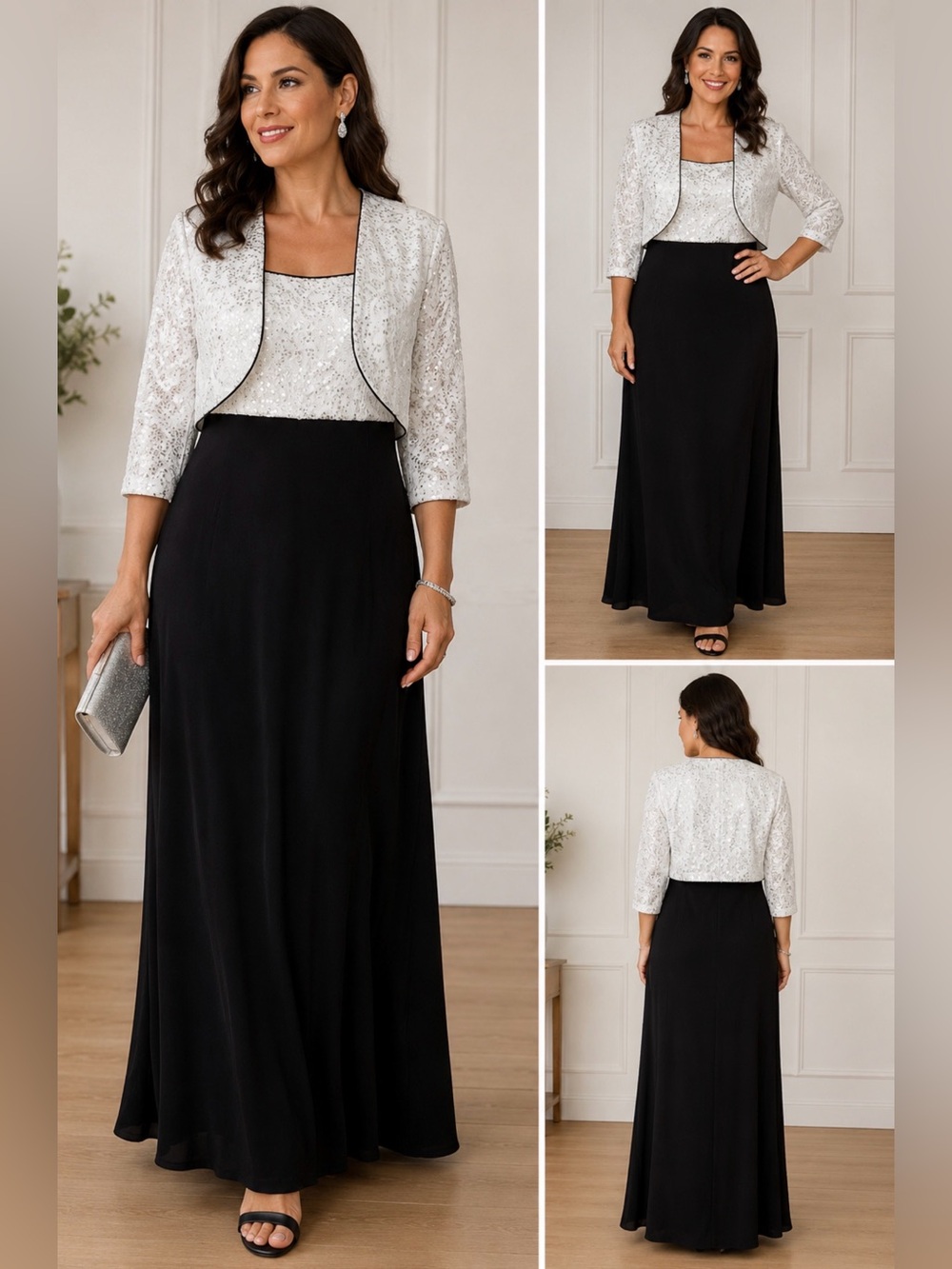R&M Richards Black White Sequin Lace Maxi Dress with Bolero Size 12